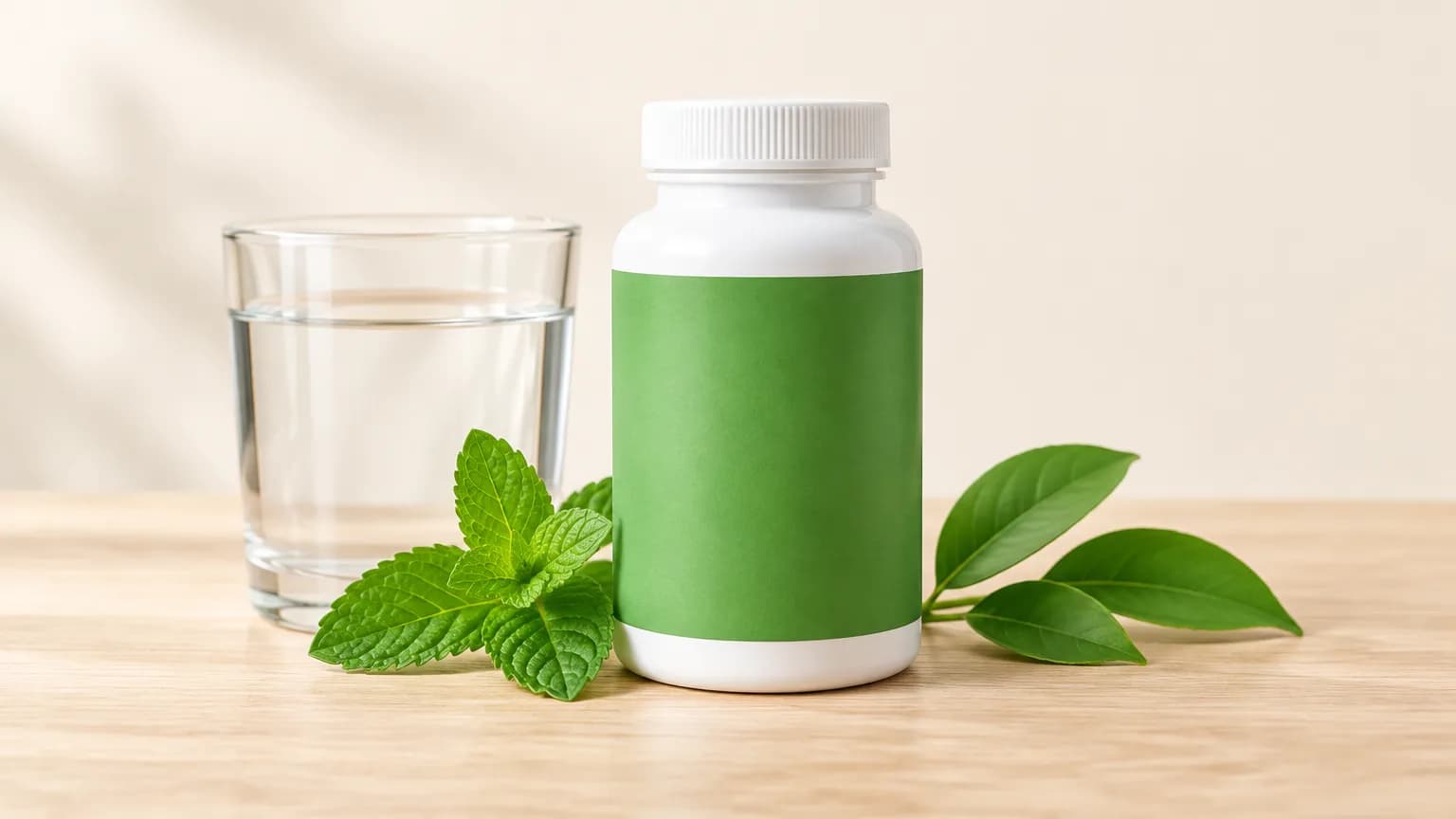 An unbranded supplement bottle with a green label beside a glass of water and fresh mint leaves
