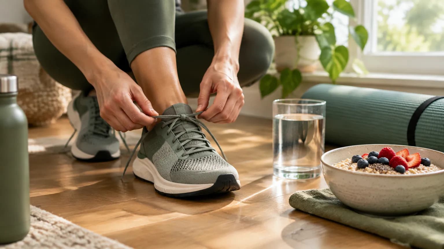 Person lacing up running shoes at home next to a glass of water and a bowl of oatmeal with berries