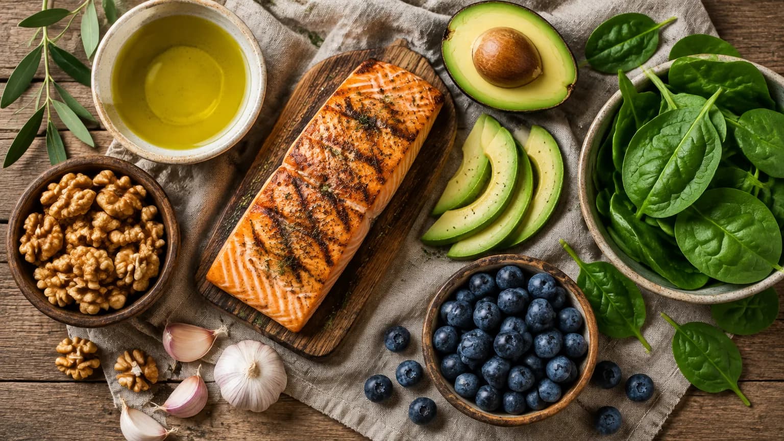 Grilled salmon, olive oil, walnuts, avocado, spinach, blueberries and garlic laid out on a rustic table
