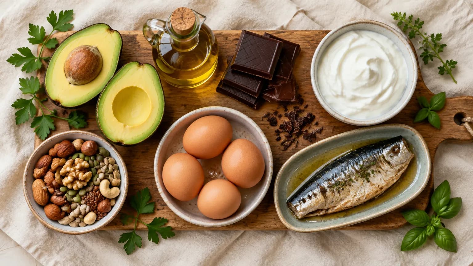 Avocado, olive oil, dark chocolate, Greek yogurt, eggs, nuts and a sardine fillet arranged on a wooden board