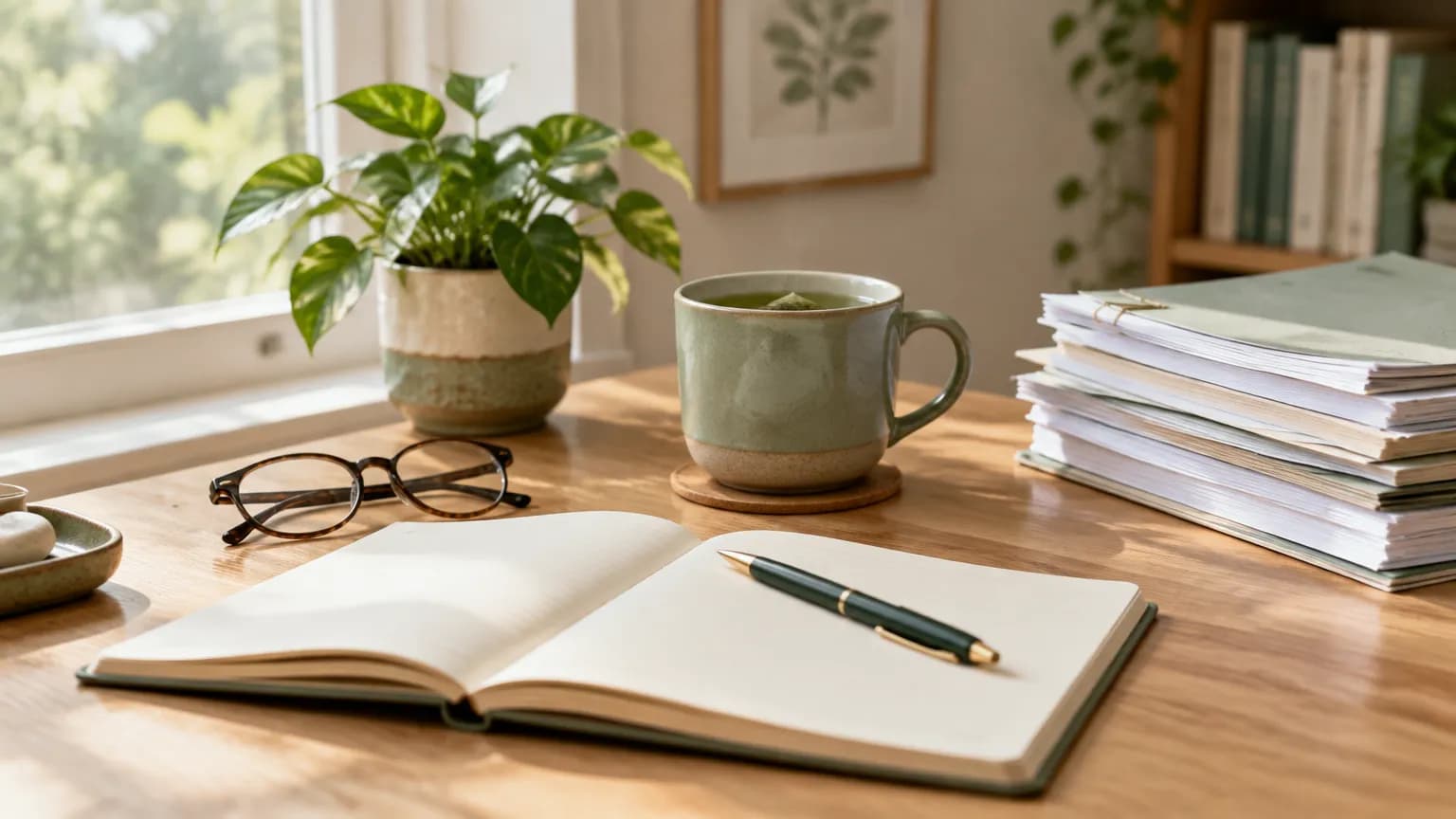 A desk by a window with an open notebook, reading glasses, a mug of green tea and a stack of research papers